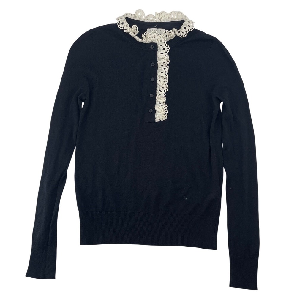 Sandro Paris Eyelet Lace Trim Knit Sweater 0 Black Excellent Ruffle Collar Top